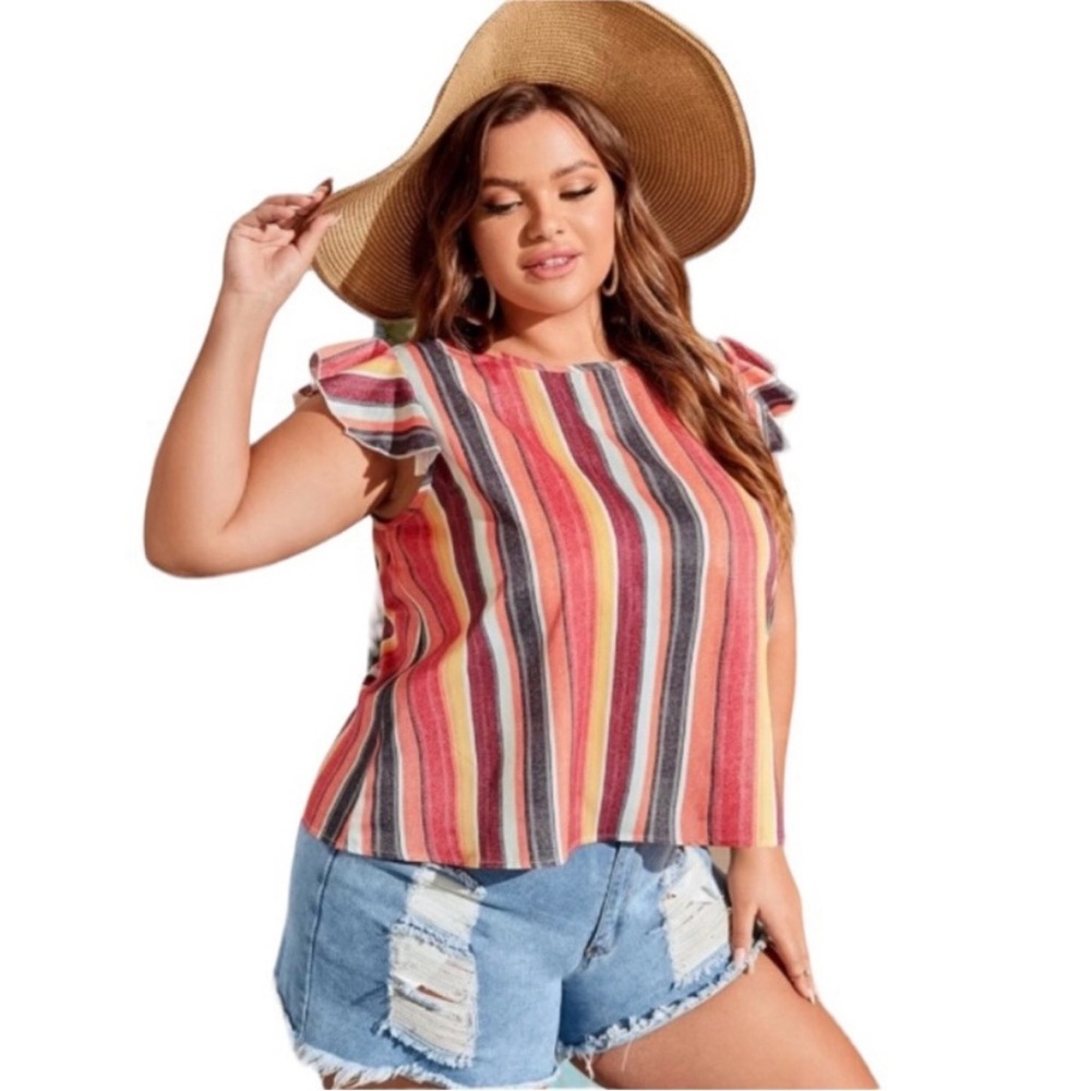 VCAY Colorful Striped Flutter Sleeve Button Back Blouse Size Medium